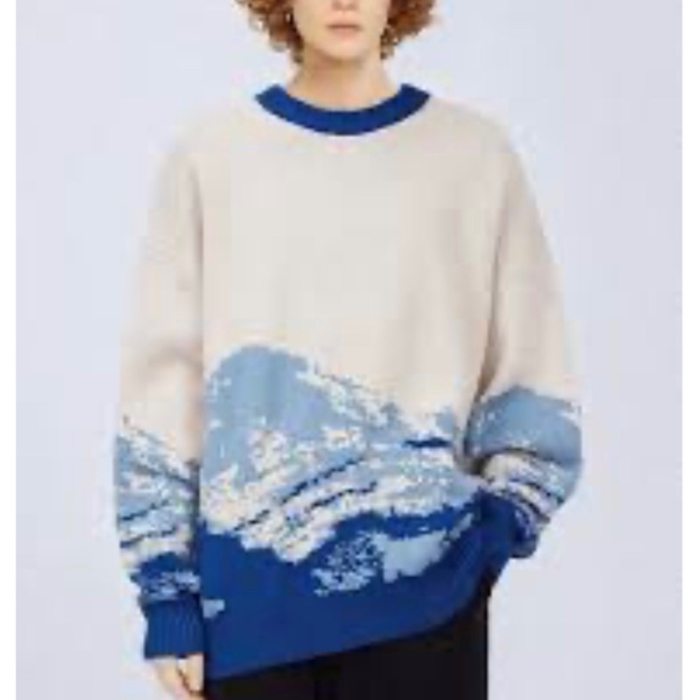 Aelfric Eden Mens Mountain Landscape Graphic Knit Sweater Blue Cream Large